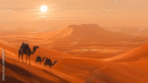 Camels traverse the dunes under a golden desert sunset, casting long shadows on the sand.