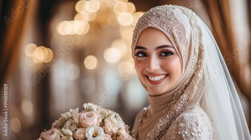 Beautiful Woman Muslim Bride in Elegant Headscarf photo