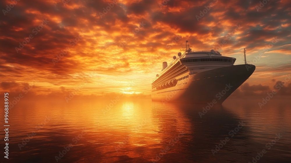 Cruise ship at sunrise, with the golden glow reflecting off the water and space in the sky for text. - Cruise ship at sunrise, with the golden glow reflecting off the water and space in the sky for text. -