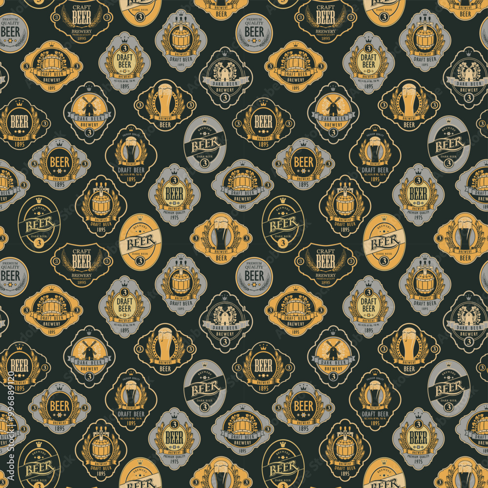 Vector seamless pattern on the theme of beer with various beer labels with images of barrels, beer glasses, mills, laurel wreathes, ears of wheat and other in retro style on black background Vector seamless pattern on the theme of beer with various beer labels with images of barrels, beer glasses, mills, laurel wreathes, ears of wheat and other in retro style on black background