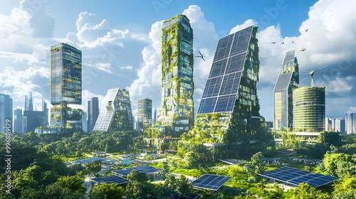 Renewable Energy Revolution Rejuvenating a Futuristic Metropolitan Area with Solar Paneled High Rises Wind Powered Public Transit Electric Car Sharing Programs