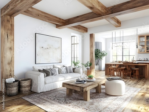 Warm and inviting modern farmhouse style living room showcasing distressed wood beams a color area rug and rustic decor accents  A cozy and relaxed atmosphere with industrial and vintage charm