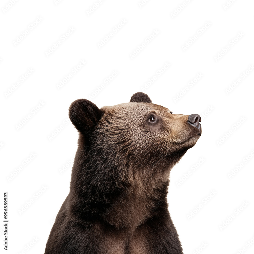 Obraz premium Closeup of a brown bear cub looking upwards, isolated on a transparent background