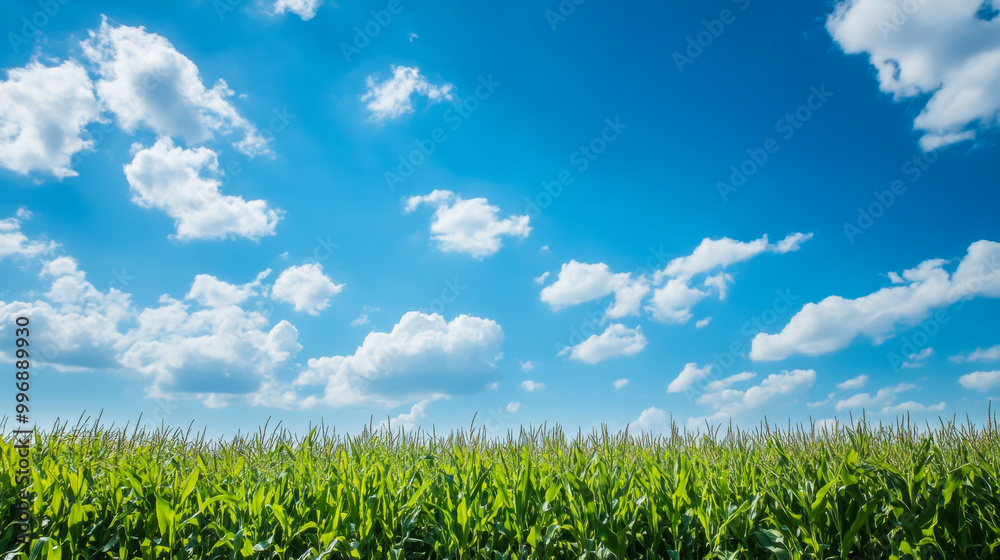 A vibrant green cornfield under a bright blue sky with fluffy white clouds during a sunny summer day A vibrant green cornfield under a bright blue sky with fluffy white clouds during a sunny summer day