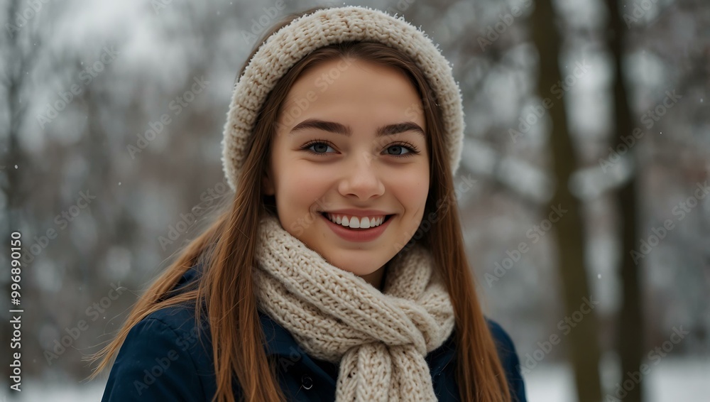 Close-up portrait of a smiling girl in a winter park. Close-up portrait of a smiling girl in a winter park.