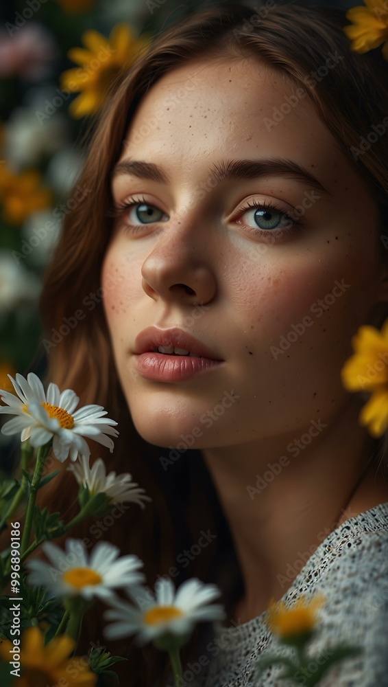 Close-up portrait of a woman surrounded by flowers and light. Close-up portrait of a woman surrounded by flowers and light.