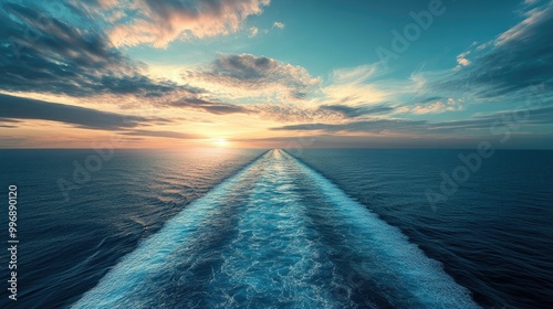 Cruise ship wake trailing through the ocean, leaving a peaceful sky and sea for text. photo