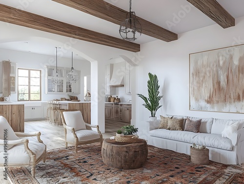 Warm and inviting modern farmhouse style living room with distressed wood beams stylish area rug and rustic decor accents exuding a cozy and relaxed vibe with touches of industrial and vintage charm photo