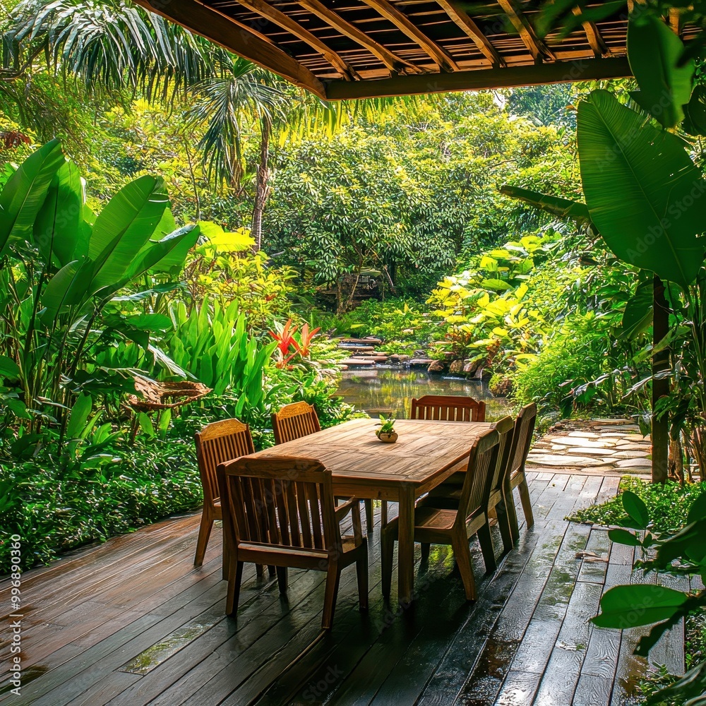 Beautiful outdoor dining area surrounded by lush greenery, perfect for enjoying meals in a serene natural setting. Beautiful outdoor dining area surrounded by lush greenery, perfect for enjoying meals in a serene natural setting.