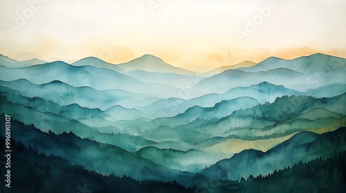 A watercolor mountain landscape painting creates an abstract yet serene natural backdrop.