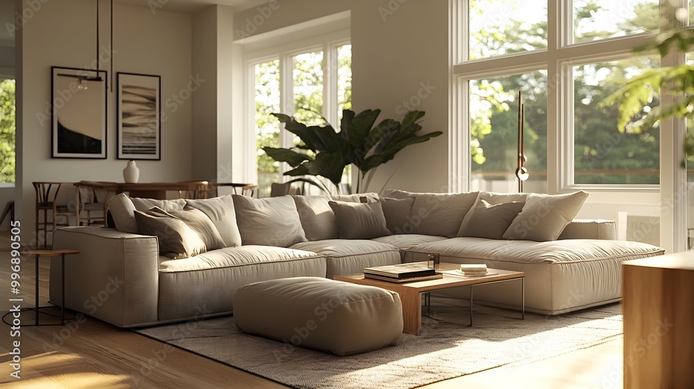 Warm and inviting modern living area with a plush oversized sectional sofa accent pieces and a Scandinavian inspired minimalist aesthetic bathed in natural light through expansive windows Warm and inviting modern living area with a plush oversized sectional sofa accent pieces and a Scandinavian inspired minimalist aesthetic bathed in natural light through expansive windows