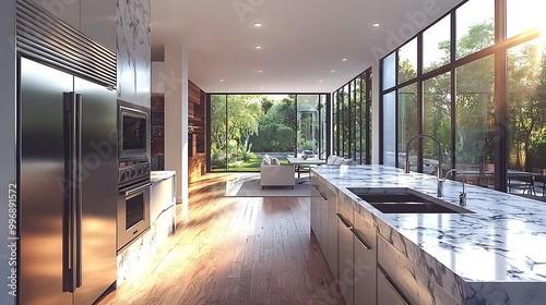 A modern kitchen with a marble countertop and stainless steel appliances offers a view of a lush backyard.