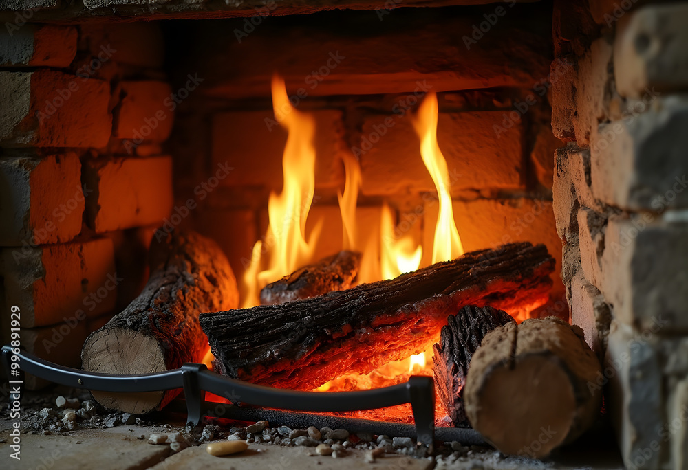 Glowing Firewood in a Rustic Stone Fireplace, Cozy Winter Warmth Glowing Firewood in a Rustic Stone Fireplace, Cozy Winter Warmth