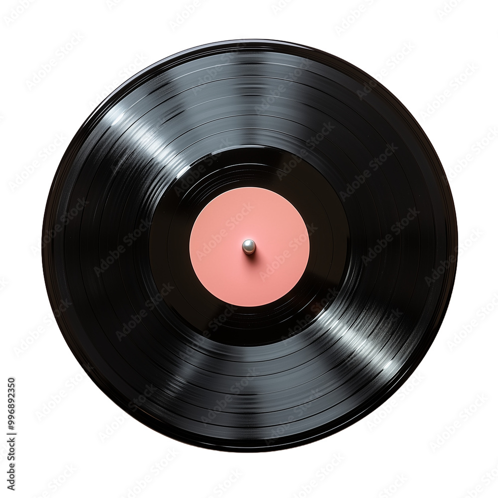 A glossy black vinyl record with pink center displayed on a transparent background