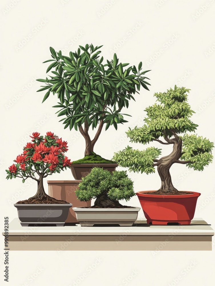Serene Bonsai Collection: A Minimalist Display of Nature's Artistry Serene Bonsai Collection: A Minimalist Display of Nature's Artistry