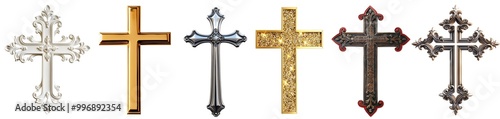 Set of religious holy christian catholic orthodox cross, various material collection, on transparent cutout PNG file. Many different style. Mockup template for artwork design