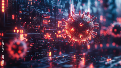 Digital representation of viruses interacting with technology in a futuristic environment showing intricate details of a computer circuit