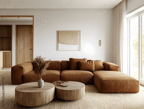 Warm and Relaxing Modern Minimalist Living Room with Plush Sectional Sofa and Natural Wood Accents  Bright and airy atmosphere with mid century modern style and 3D rendering