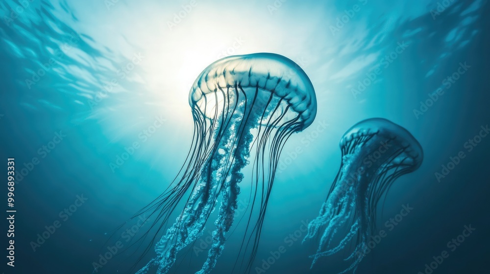 Jellyfish silhouetted by the sun from underwater, with a clear sky above for copy space. Jellyfish silhouetted by the sun from underwater, with a clear sky above for copy space.