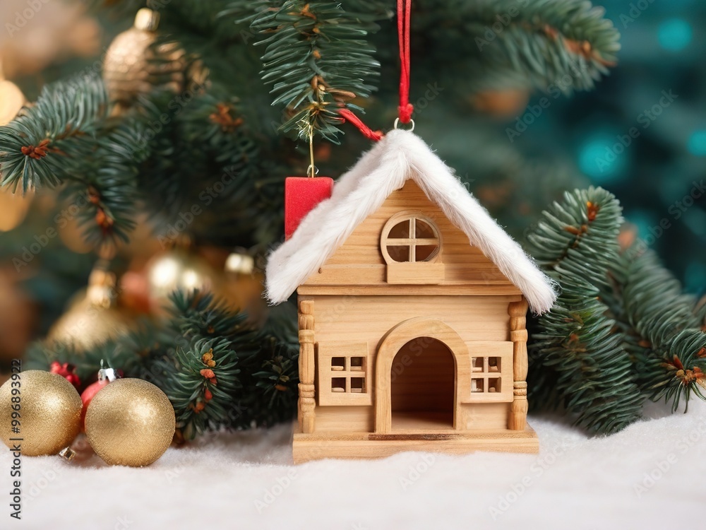 New Year's decoration in the form of a wooden toy house. Christmas New Year's decoration in the form of a wooden toy house. Christmas