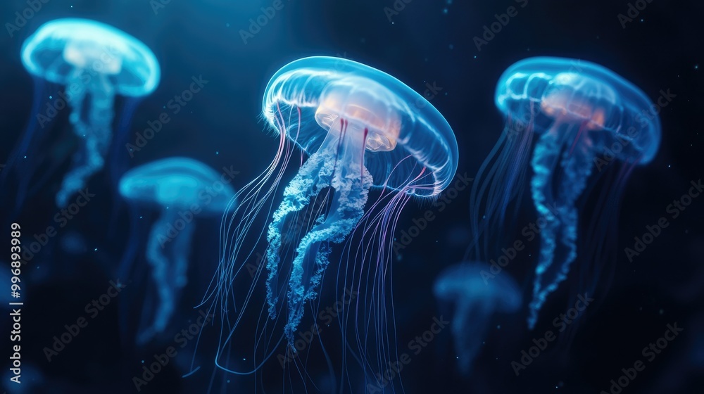 Multiple jellyfish glowing in a dark underwater scene, with space for copy in the water. Multiple jellyfish glowing in a dark underwater scene, with space for copy in the water.