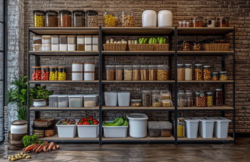 Open shelves filled with white plastic containers, glass jars, and boxes of food items like fruits, vegetables, seeds, and snacks. photo