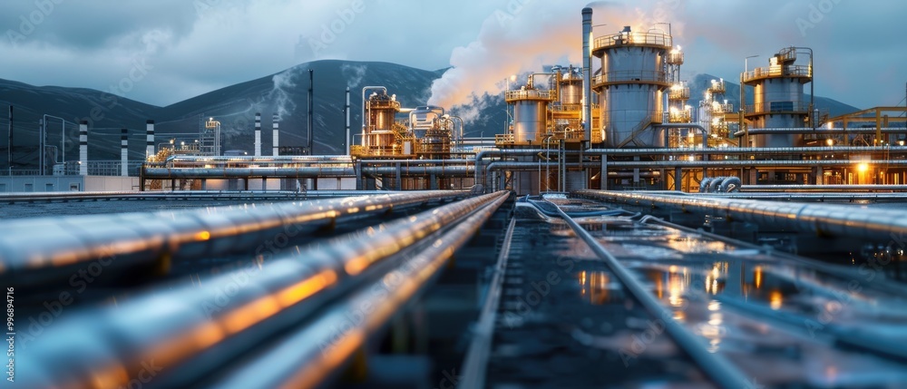 Fototapeta premium Geothermal Power Plant Machinery at Dusk