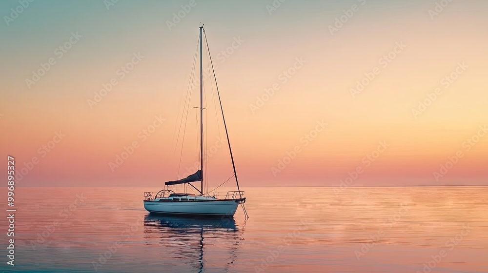 Sailboat at dusk, with warm colors in the sky providing ample copy space. Sailboat at dusk, with warm colors in the sky providing ample copy space.