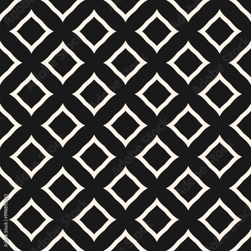 Abstract vector geometric seamless pattern. Black and white texture with diamond shapes, outline rhombuses, stars, grid. Simple minimal monochrome ornamental background. Dark repeating geo design