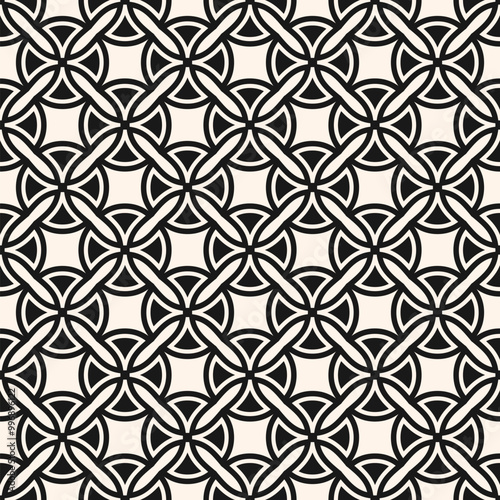 Abstract geometric seamless pattern. Monochrome vector ornament texture with curved shapes, rounded crosses, lattice. Black and white background in gothic style with medieval motifs. Repeated design