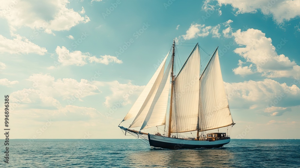 Fototapeta premium Sailboat with billowing sails on a sunny day, leaving a clear horizon for copy space.