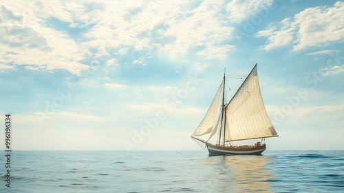 Sailboat with billowing sails on a sunny day, leaving a clear horizon for copy space.