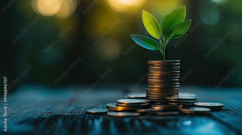 Stacked coins with a green plant sprouting on top, symbolizing growth, with copy space. Stacked coins with a green plant sprouting on top, symbolizing growth, with copy space.