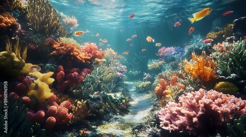 Stunning underwater scene showcasing a vibrant and diverse coral garden thriving in the captivating ocean seascape  Teeming with marine life and natural beauty photo