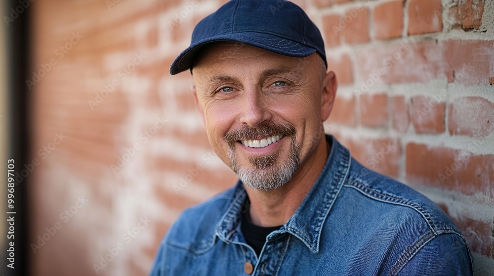 Cheerful Young Man In Blue Denim Shirt And Cap Smiling By Brick Wall Outdoors Cheerful Young Man In Blue Denim Shirt And Cap Smiling By Brick Wall Outdoors