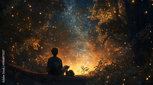 Boy gazing at the stars in the forest clearing as his puppy rests nearby