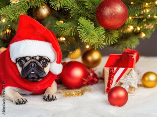 A pug in a red hat under the tree. Christmas