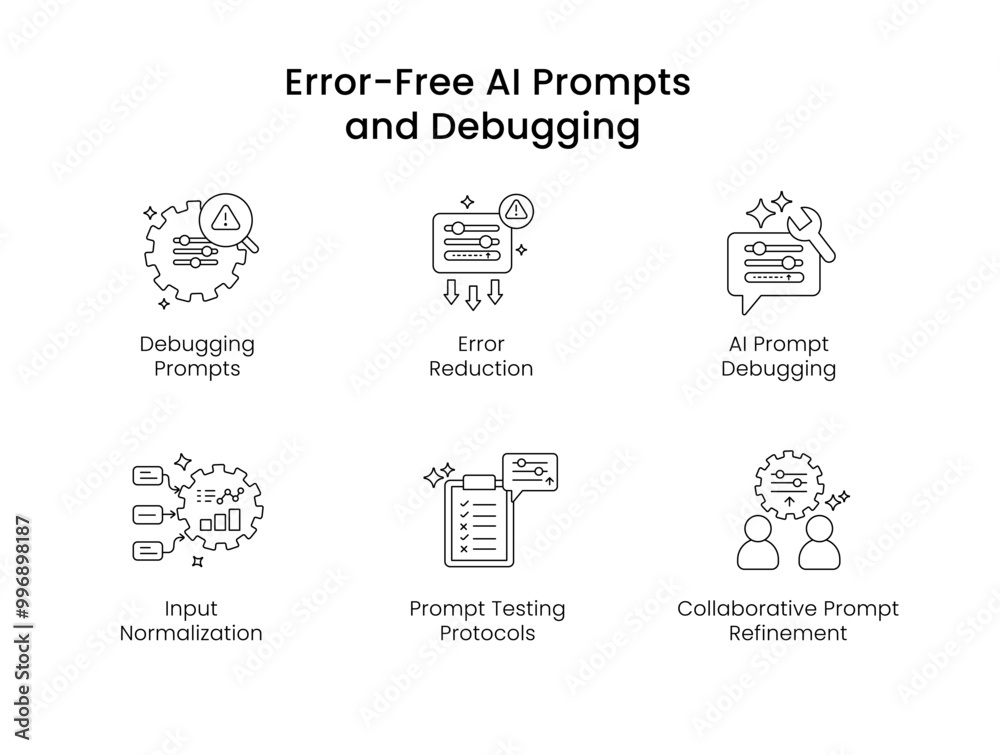 Error-Free AI Prompts and Debugging. Icons included: Error Reduction, Debugging Prompts, AI Prompt Debugging, Input Normalization, Prompt Testing Protocols, Collaborative Prompt Refinement Error-Free AI Prompts and Debugging. Icons included: Error Reduction, Debugging Prompts, AI Prompt Debugging, Input Normalization, Prompt Testing Protocols, Collaborative Prompt Refinement