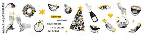 Christmas halftone collage elements set. Cut out of magazine various shapes, New Year clipping paper stickers, gold glitter texture. Modern retro grunge vector illustration on transparent background