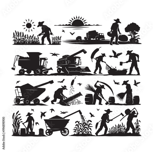 traditional agricultural harvesting silhouette illustrations