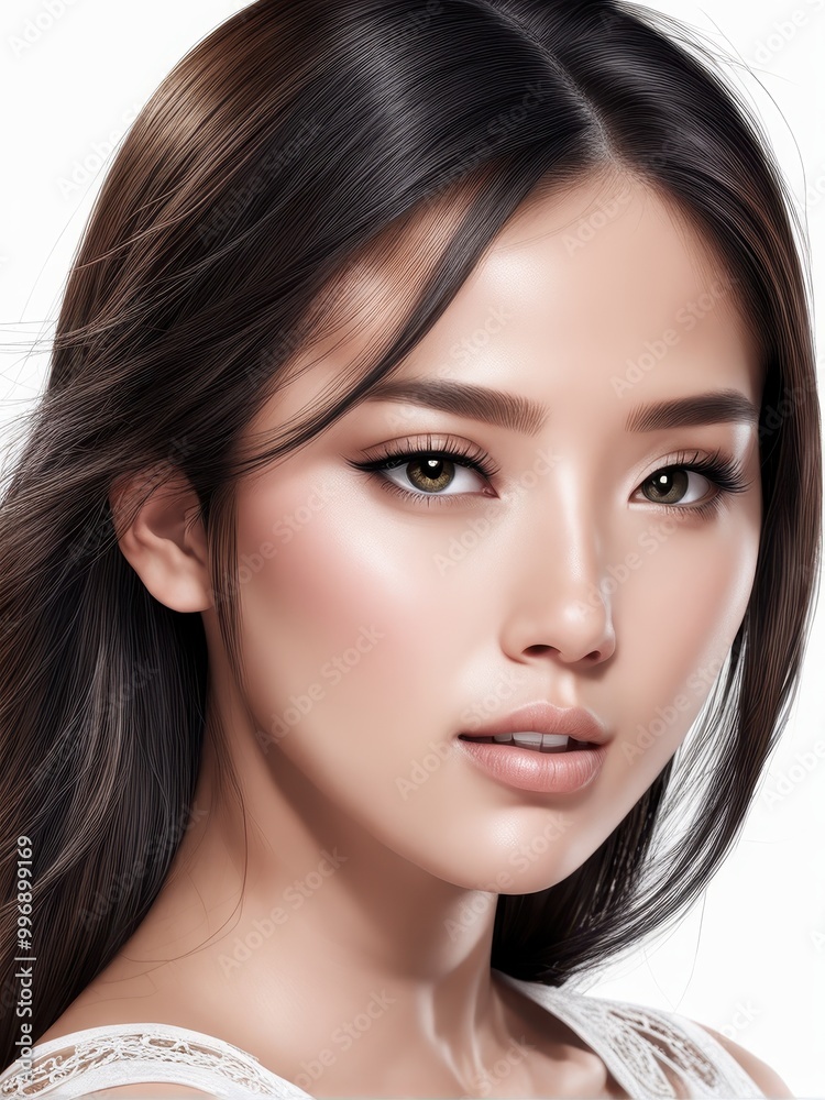 A close-up portrait of a woman with smooth skin and flowing hair, emphasizing beauty and elegance. A close-up portrait of a woman with smooth skin and flowing hair, emphasizing beauty and elegance.