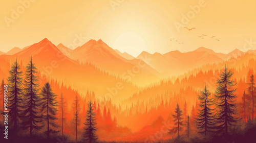 a pastel orange mountain landscape with trees and a sunset in autumn