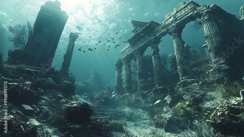 Sunken ancient ruins covered in thriving coral reefs and teeming with diverse aquatic life in a captivating underwater ocean landscape  Explore the mysteries of this enchanting submerged world photo