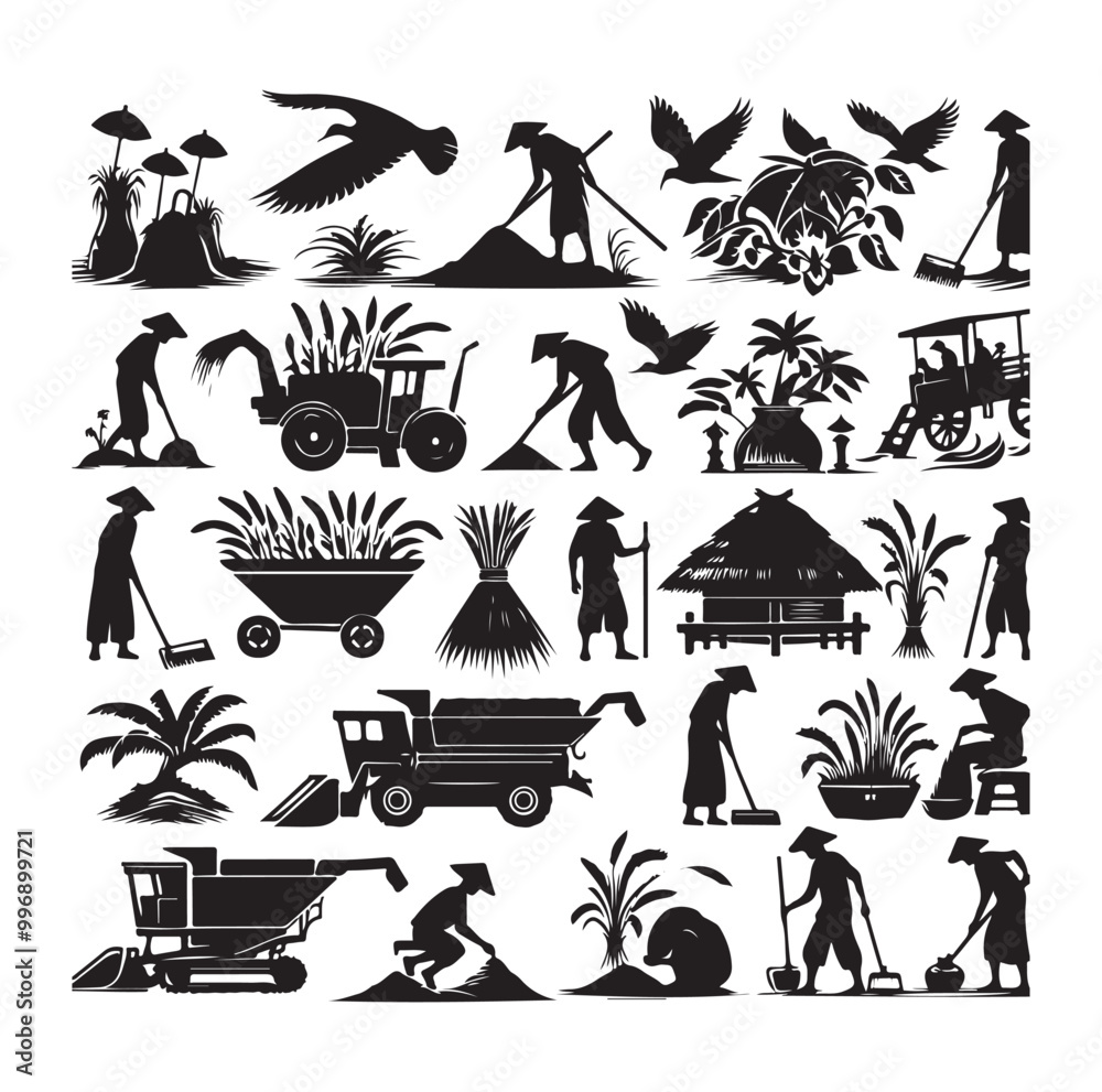 Obraz premium traditional agricultural harvesting silhouette illustrations