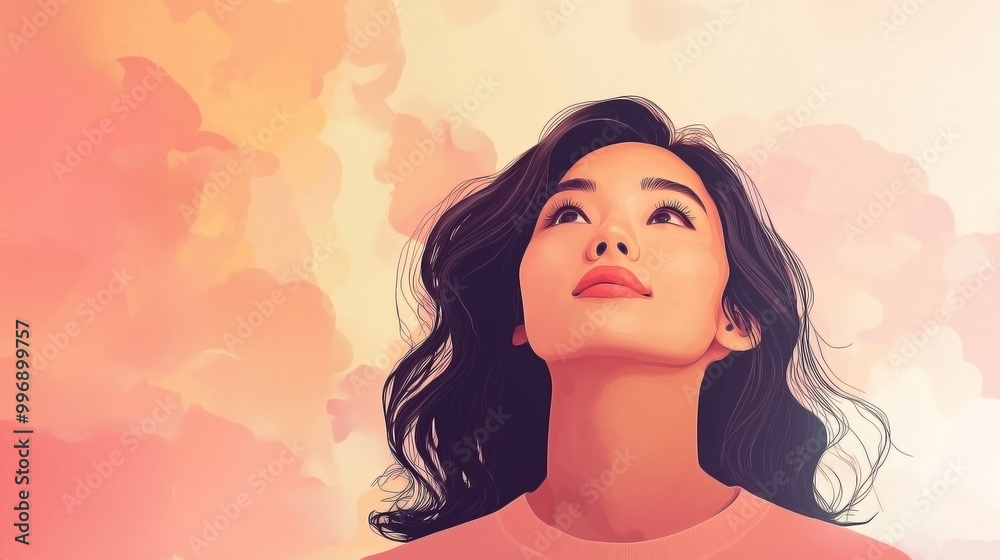 illustration of an Asian woman looking up with a hopeful and inspired expression illustration of an Asian woman looking up with a hopeful and inspired expression
