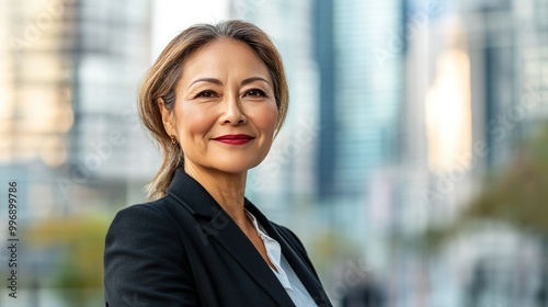 Confident Senior Executive Woman Posing in Front of Urban Skyscrapers Leadership Role