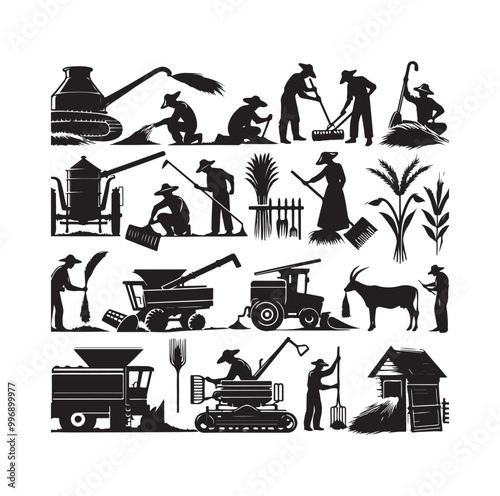 traditional agricultural harvesting silhouette illustrations