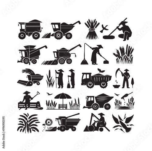 traditional agricultural harvesting silhouette illustrations