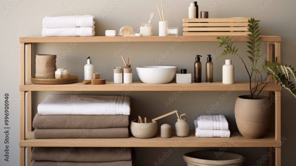 Neatly arranged spa accessories on bamboo shelves including towels, candles, oils, and small plants create a serene and inviting atmosphere. Neatly arranged spa accessories on bamboo shelves including towels, candles, oils, and small plants create a serene and inviting atmosphere.