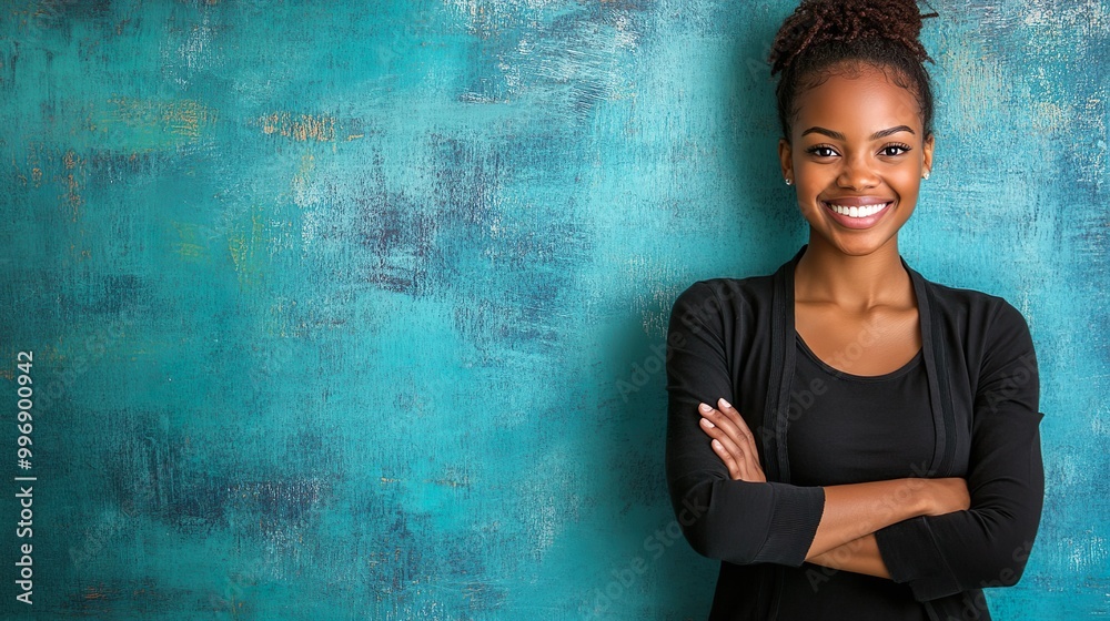 Confident Woman Smiling in Black Top Against Bright Blue Wall Background